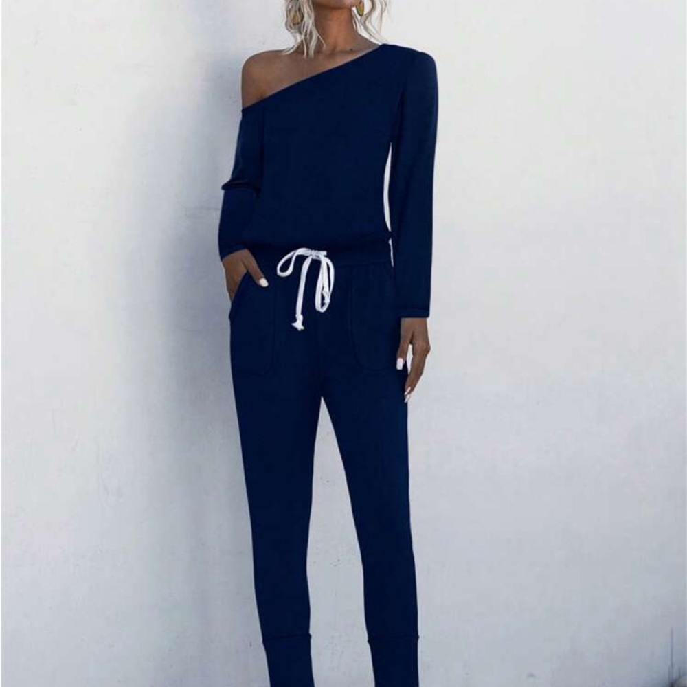 Classic Elegant Asymmetrical Neck Long Sleeve Tie Waist Tee Jumpsuit Navy Blue - Picture 4 of 5